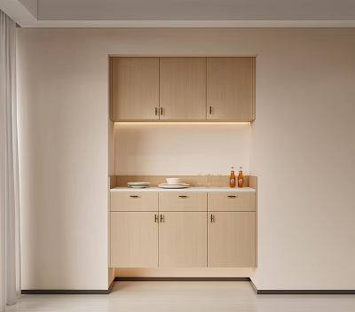 Modern Light Wood Sideboard with Upper Lower Cabinets Countertop and Ambient Lighting 3d model
