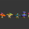 Colorful Mushroom Plants Arranged In A Row With Various Colors And Shiny Reflections