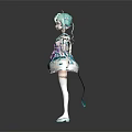 3D Anime Character With Green Hair Blue White Kimono Dress Purple Ribbon White Stockings