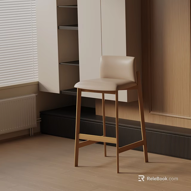 Modern Minimalist Beige Leather Bar Stool With Wooden Legs In Kitchen Counter Area 3d model 