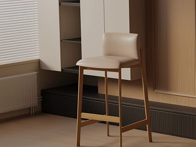 Modern Minimalist Beige Leather Bar Stool With Wooden Legs In Kitchen Counter Area 3d model