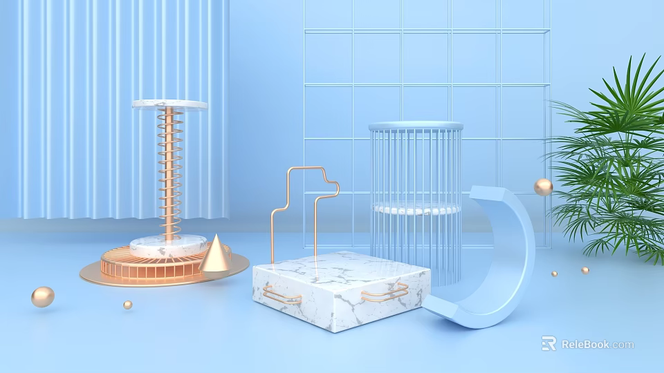 Modern Decorative Elements With Marble Box Metal Structures And Geometric Shapes Light Blue Background 3d model