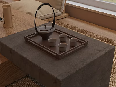 Japanese Style Tea Set with Teapot Cups on Wooden Tray and Concrete Table 3d model