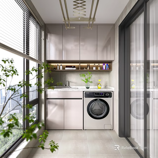 Home Balcony Modern Design with Washing Machine Sink Cabinets and Green Plants by Windows 3d model 