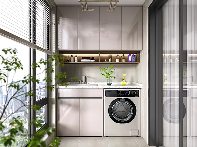Home Balcony Modern Design with Washing Machine Sink Cabinets and Green Plants by Windows 3d model