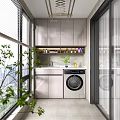 Home Balcony Modern Design with Washing Machine Sink Cabinets and Green Plants by Windows