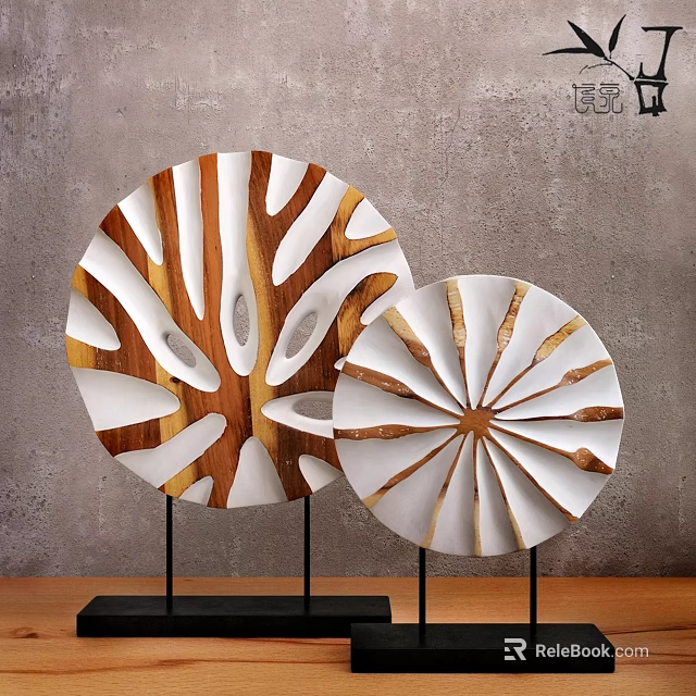Wooden White Circular Decorative Ornament Set With Geometric Cut Out Design On Black Stands 3d model 