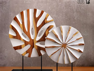 Wooden White Circular Decorative Ornament Set With Geometric Cut Out Design On Black Stands 3d model