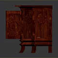 Two Red Chinese Style Carved Wooden Side Tables With Ornate Decorative Shelves