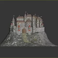 Cartoon Castle on Rocky Mountain with Red Towers Brown Roofs and Pathway Leading to Gate