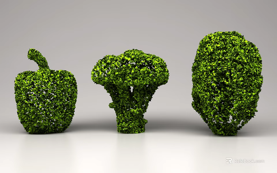 Creative Green Shrubs Artistically Trimmed into Apple Broccoli and Various Shapes 3d model 