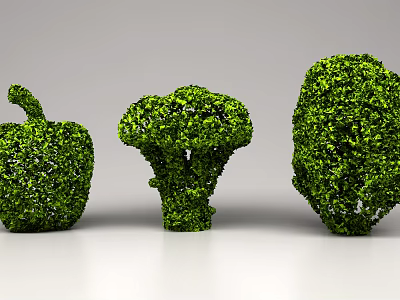 Creative Green Shrubs Artistically Trimmed into Apple Broccoli and Various Shapes 3d model