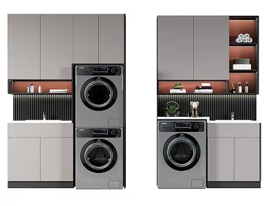 Modern Bathroom Cabinet Rack With Stacked Washer Dryer And Storage Cabinets 3d model