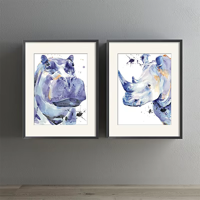 Modern Animal Painting Simple Blue Bedroom Animal Hippo Decorative Painting 3d model
