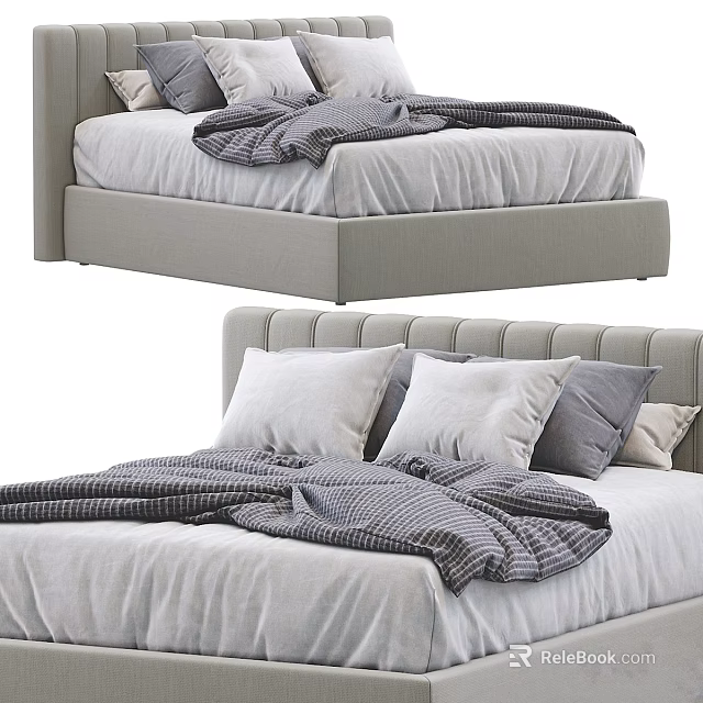 Modern Upholstered Double Bed With White Gray Pillows And Striped Blanket 3d model 