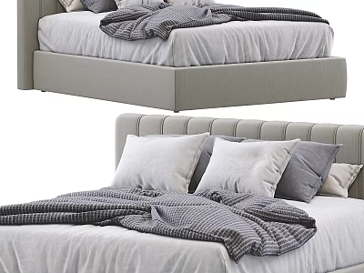 Modern Upholstered Double Bed With White Gray Pillows And Striped Blanket 3d model