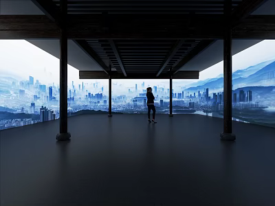 A Person Standing In Spacious Room With Black Pillars Large Windows And City Mountain View 3d model