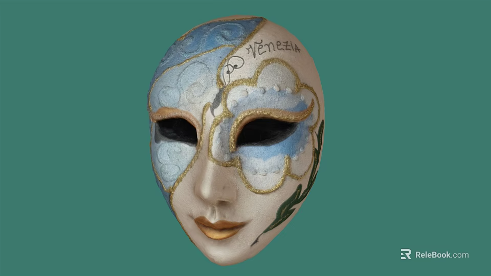Elegant Venetian Mask With Blue Gold Patterns Green Leaf And Venice Lettering 3d model 