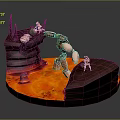 Cartoon Scene Featuring Robot With Mechanical Arm And Small Character On Lava Ground Rock Formation