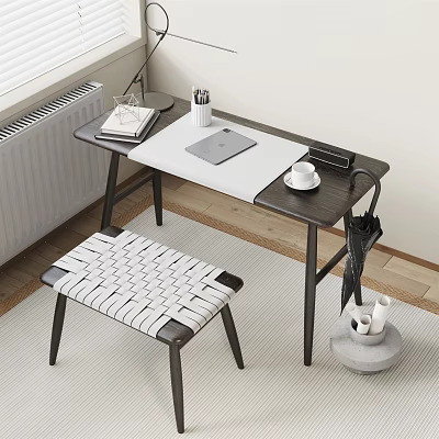 Dark Wood Desk with White Pad Tablet Coffee Cup and Woven Stool in Bright Room 3d model