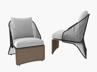Modern Lounge Chair With Black Metal Frame Gray Cushion And Brown Rattan Details 3d model