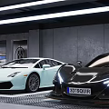 Modern Luxury Car Dealership Showroom With Sports Cars Glass Partitions And White Pillars