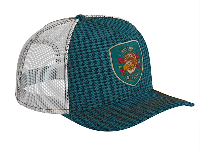 Teal Houndstooth Trucker Cap With Mesh Back And Cotton Mexico Emblem 3d model