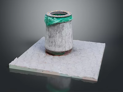 Concrete Trash Bin Setup With Green Trash Bag On Square Stone Slab 3d model