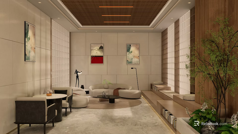 Modern Elegant Lounge Area With Sofa Coffee Table Lamps Wall Paintings Plants And Wooden Elements 3d model 