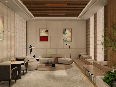 Modern Elegant Lounge Area With Sofa Coffee Table Lamps Wall Paintings Plants And Wooden Elements 3d model