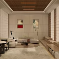 Modern Elegant Lounge Area With Sofa Coffee Table Lamps Wall Paintings Plants And Wooden Elements