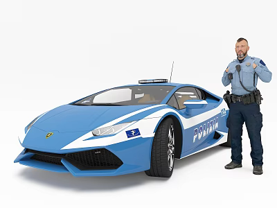 Police Officer Standing By Blue Lamborghini Style Police Car Gesturing Thumbs Up 3d model