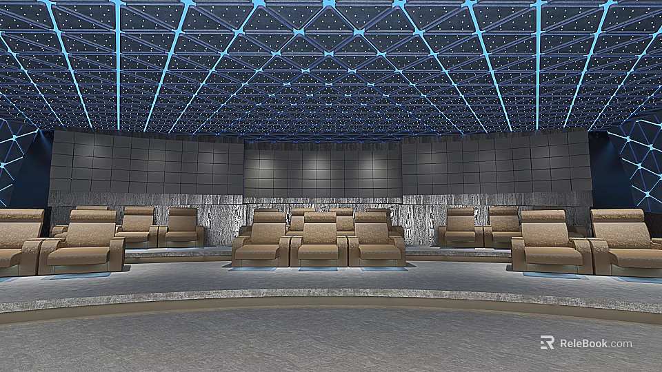 Modern Conference Room With Comfortable Leather Seats And Geometric Ceiling Design 3d model 