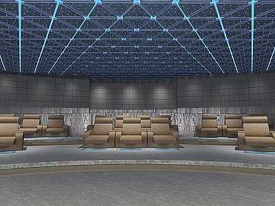 Modern Conference Room With Comfortable Leather Seats And Geometric Ceiling Design 3d model