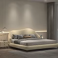 Modern Double Bed with Beige Upholstered Headboard Patterned Pillows Nightstands Table Lamps and Gray Rug