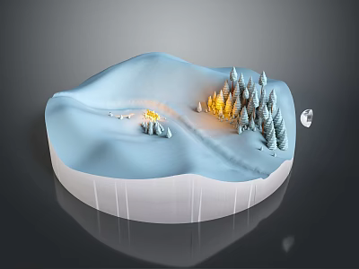 Cartoon Winter Scene With Snowy Hills Pine Trees Warm Lights And Moon 3d model