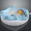 Cartoon Winter Scene With Snowy Hills Pine Trees Warm Lights And Moon