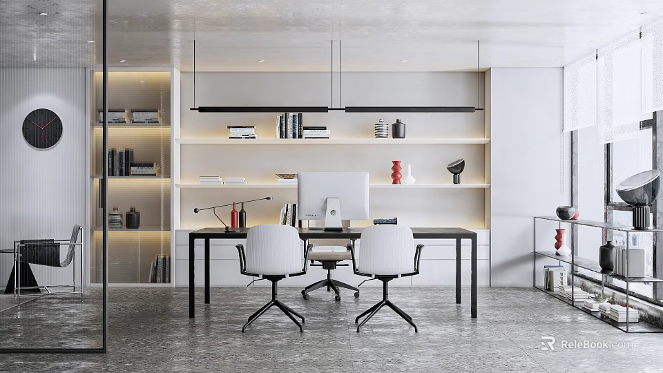 Modern Open Office Interior With Desk Computer Bookshelves White Chairs And Pendant Lights 3d model 