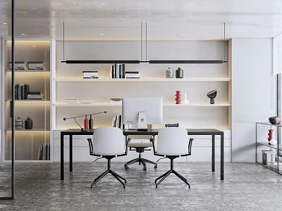 Modern Open Office Interior With Desk Computer Bookshelves White Chairs And Pendant Lights 3d model