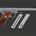 Silver Metal Pistol With Red Wooden Grip And Two Ammunition Magazines Displayed
