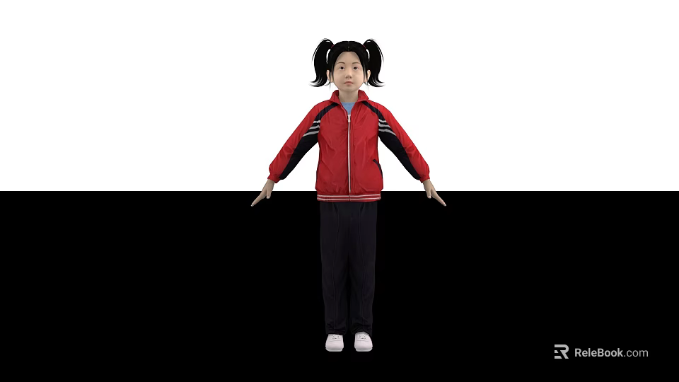 Woman In Red Jacket With Black Pants White Shoes And Pigtails Arms Outstretched 3d model 