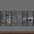 Artistic Decorative Screen With Crane Patterns And Landscape Elements In Black Frame 3d model