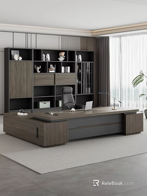 Modern Wooden Office Desk With Black Office Chair Laptop Lamp Bookshelf Books And Potted Plant 3d model 