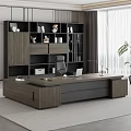 Modern Wooden Office Desk With Black Office Chair Laptop Lamp Bookshelf Books And Potted Plant