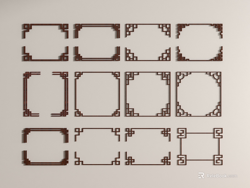 Intricate Traditional Chinese Carved Patterns In Brown Frames With Various Designs 3d model 