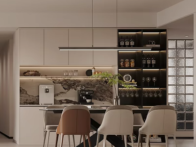 Modern Restaurant Interior Design With White Cabinets Marble Countertop Dining Table Chairs And Hanging Pendant Light 3d model