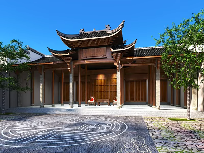 Traditional Ancient Chinese Architecture Courtyard With Wooden Doors And Stone Pavement 3d model