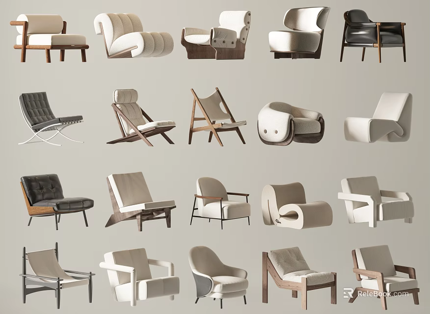 Modern Diverse Accent Chairs With Assorted Styles Curved Backs Upholstered Seats And Wooden Legs 3d model 