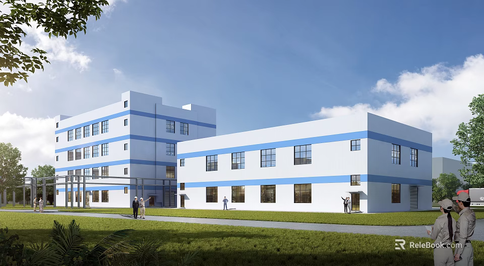 Blue And White Multi Story Industrial Factory Building With Lawn And Windows Under Blue Sky 3d model 