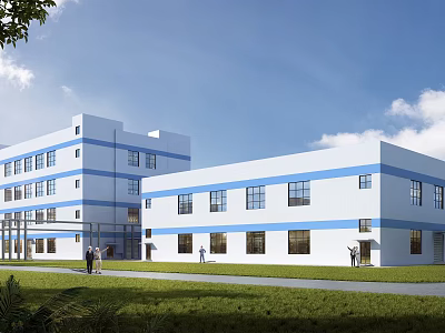 Blue And White Multi Story Industrial Factory Building With Lawn And Windows Under Blue Sky 3d model